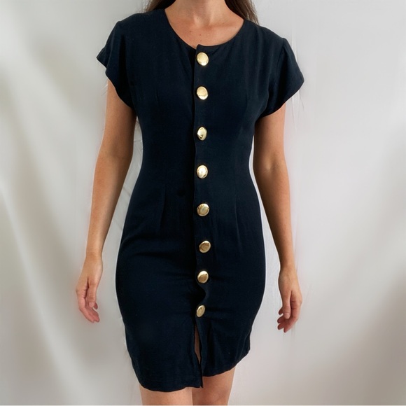 Vintage 80s gold button up black dress unique La Belle mini short sleeve small - Picture 1 of 3